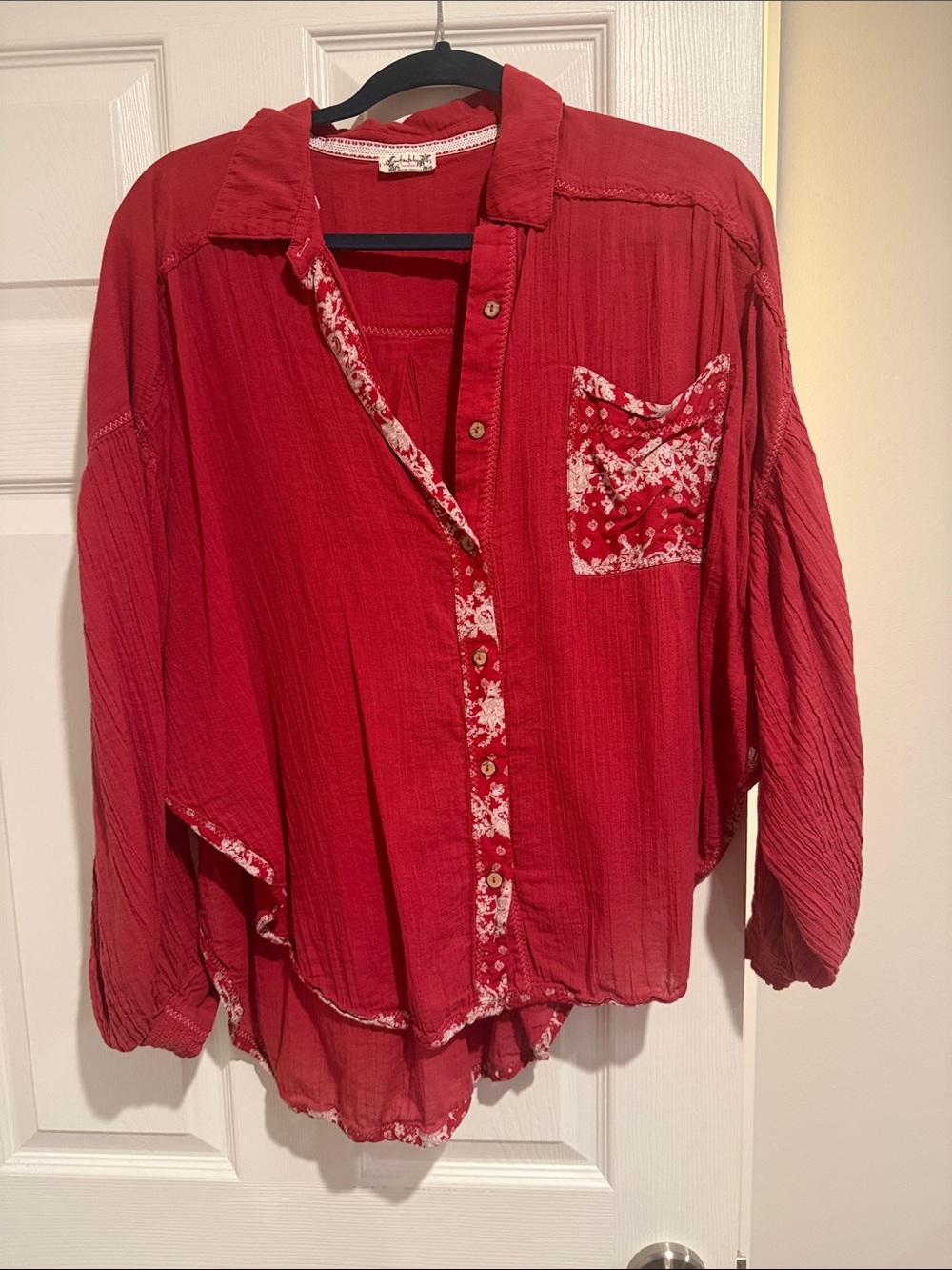 Free People Intimately Crimson Red Button-Up Top with Contrast Trim